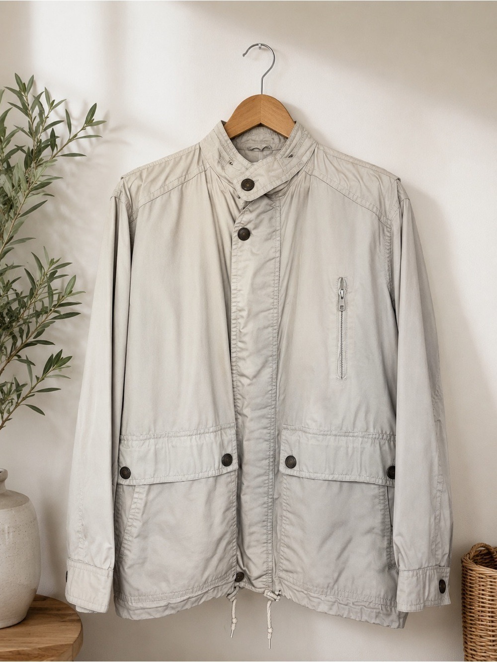 Vintage London Fog Tempo Europa Utility Rain Jacket Hidden Hood Ivory Beige M